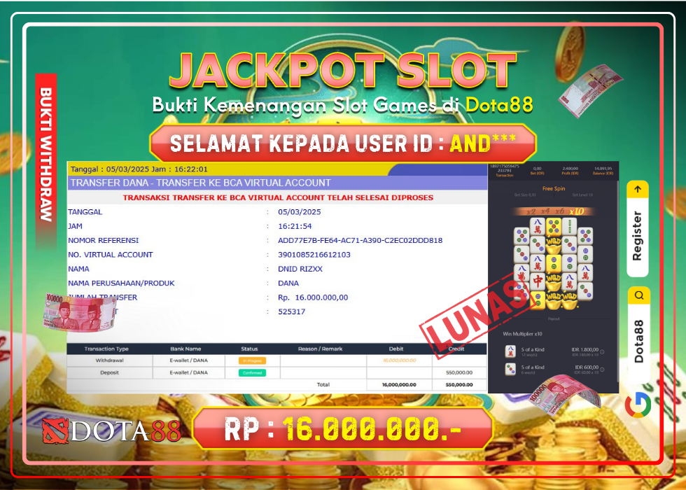 JACKPOT SLOT Mahjong Ways RP.16.000.000,- LUNAS DI DOTA88!