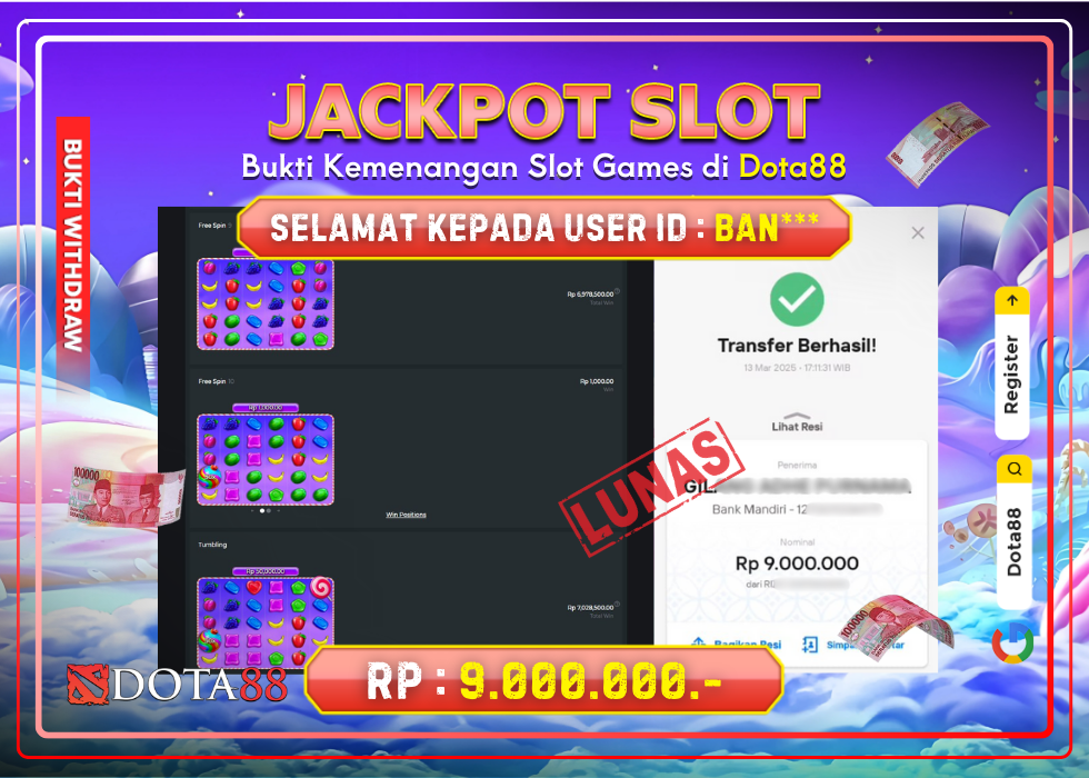 JACKPOT SLOT Sweet Bonanza RP.9.000.000,- LUNAS DI DOTA88!