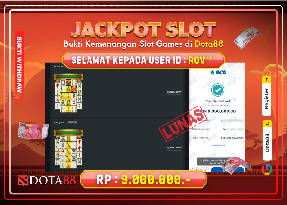 JACKPOT SLOT Mahjong Wins RP.9.000.000,- LUNAS DI DOTA88!