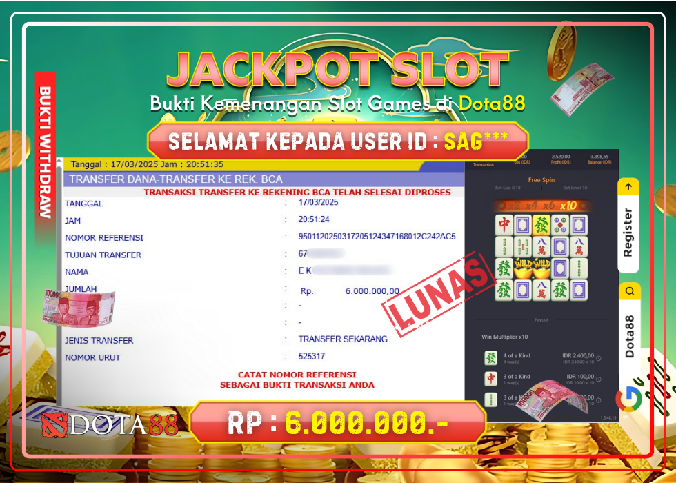 JACKPOT SLOT Mahjong Ways 2 RP.6.000.000,- LUNAS DI DOTA88!