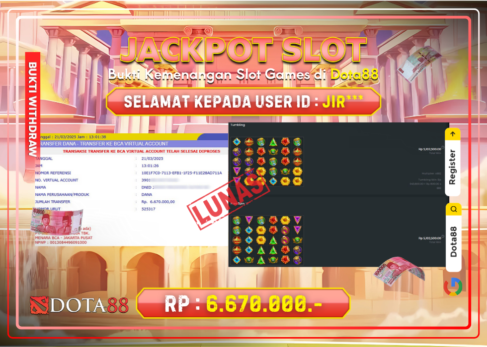 JACKPOT SLOT Gates Of Olympus RP.6.670.000,- LUNAS DI DOTA88!