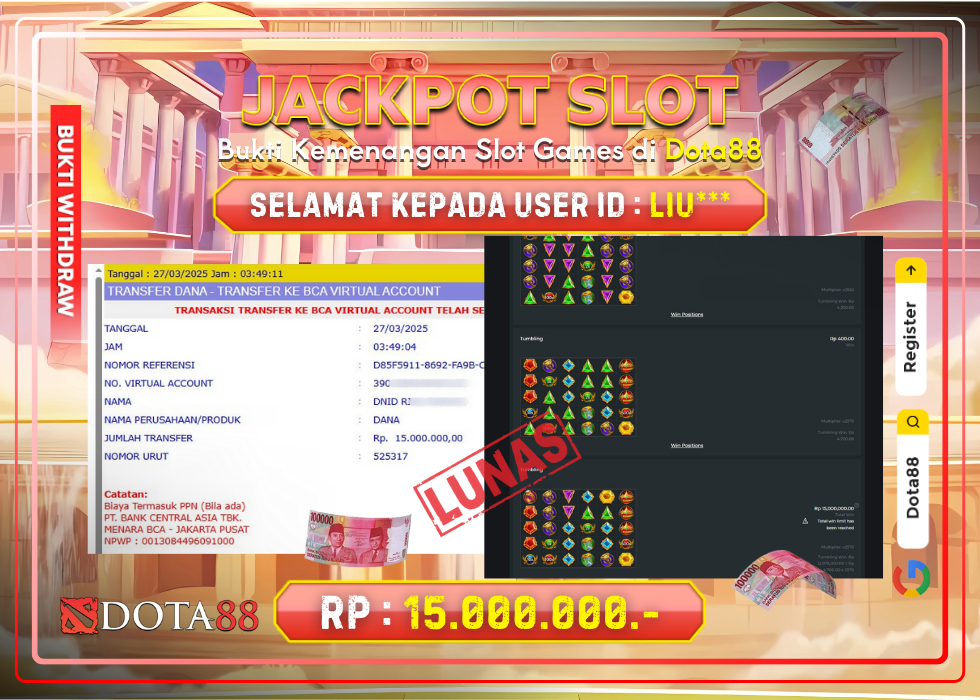 JACKPOT SLOT Gates Of Olympus RP.15.000.000,- LUNAS DI DOTA88!