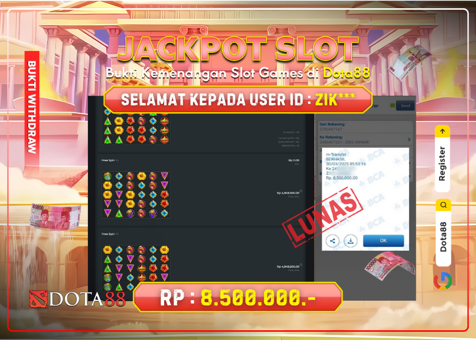 JACKPOT SLOT Gates Of Olympus RP.8.500.000,- LUNAS DI DOTA88!