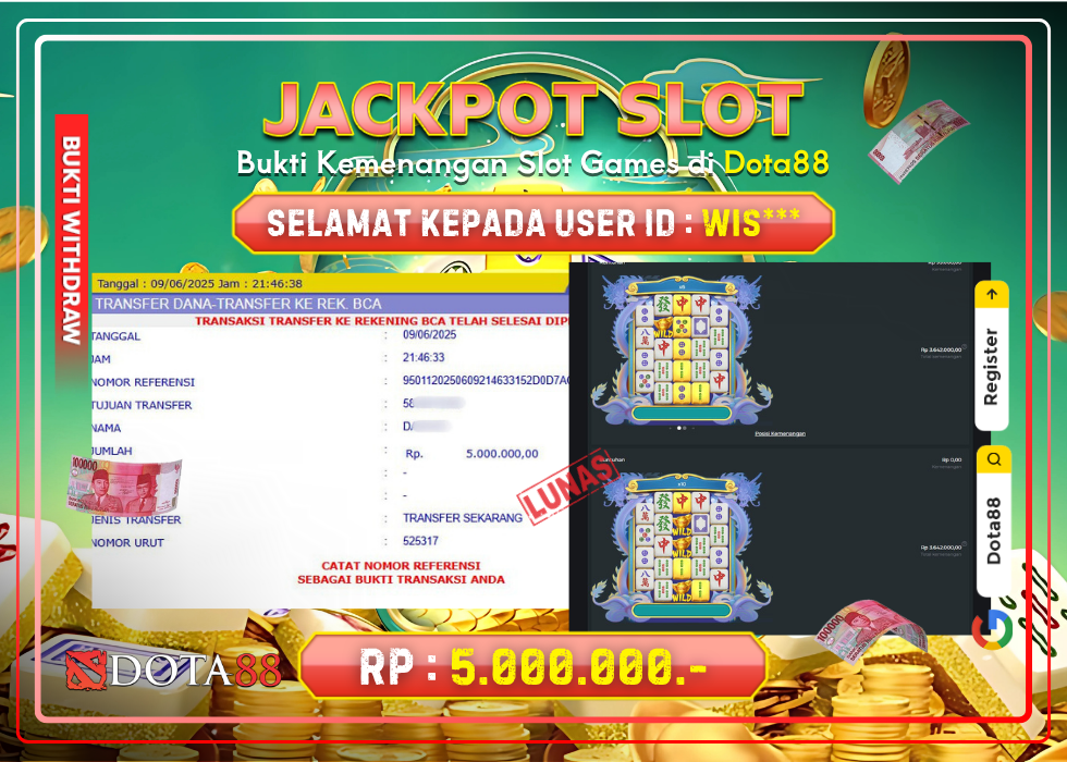 JACKPOT SLOT Mahjong Wins 3 RP.5.000.000,- LUNAS DI DOTA88!